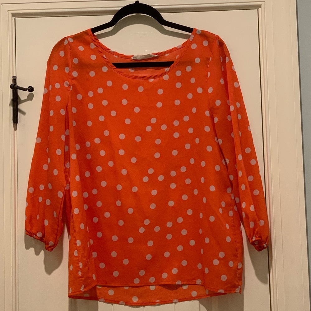 Peaches & Cream|Orange And Cream Polka Dot 3/4 Length Balloon Sleeve Blouse